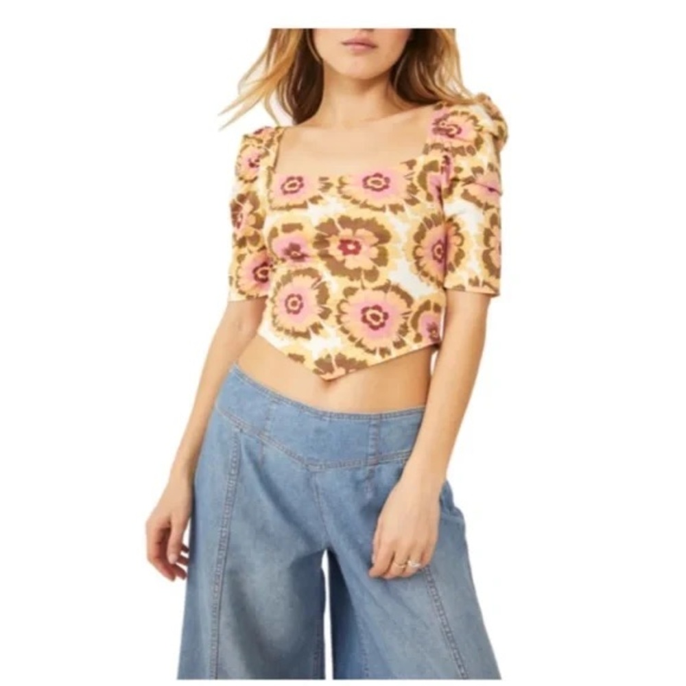 NWT Free People LARGE Give Me More Top in Ivory Combo Puff Sleeve Boho Crop Top - Picture 1 of 12